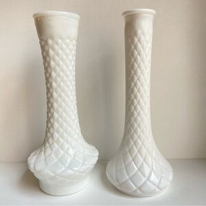 Randall and Hoosier Glass white milk glass bud vases quilted diamond pattern VTG
